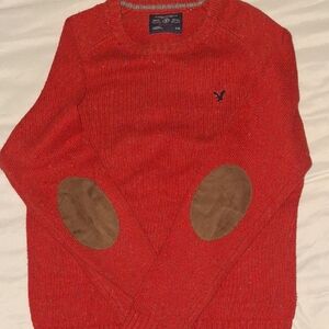 American Eagle Outfitters Red Crewneck Sweater with Brown Elbow Patches